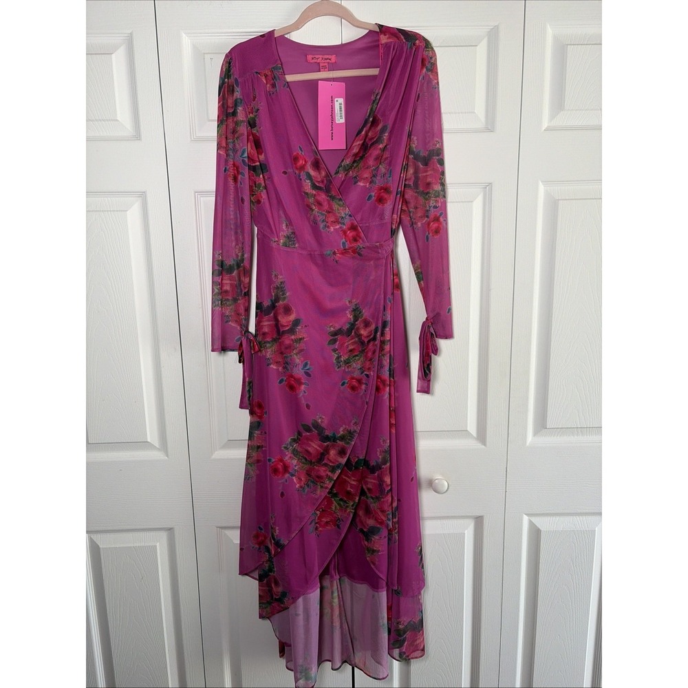 Betsey Johnson Wrap Mesh Maxi Dress‎ Womens 2 Pink Floral Rose High Low Ruffle